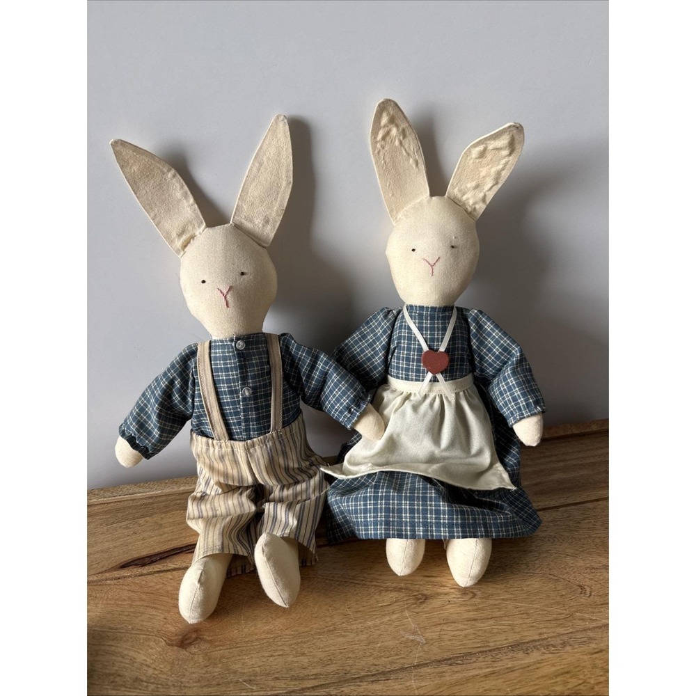 Vintage Boy & Girl Floppy Bunnies Handstitched 80s/90s country folklore 15"